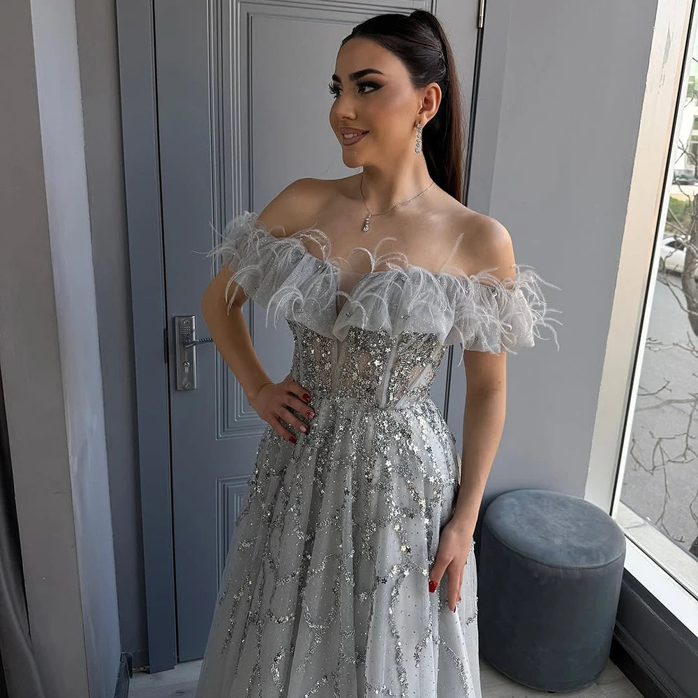 Luxury Turquoise Beaded Feather A Line Evening Dress LA71328 – SERENE HILL