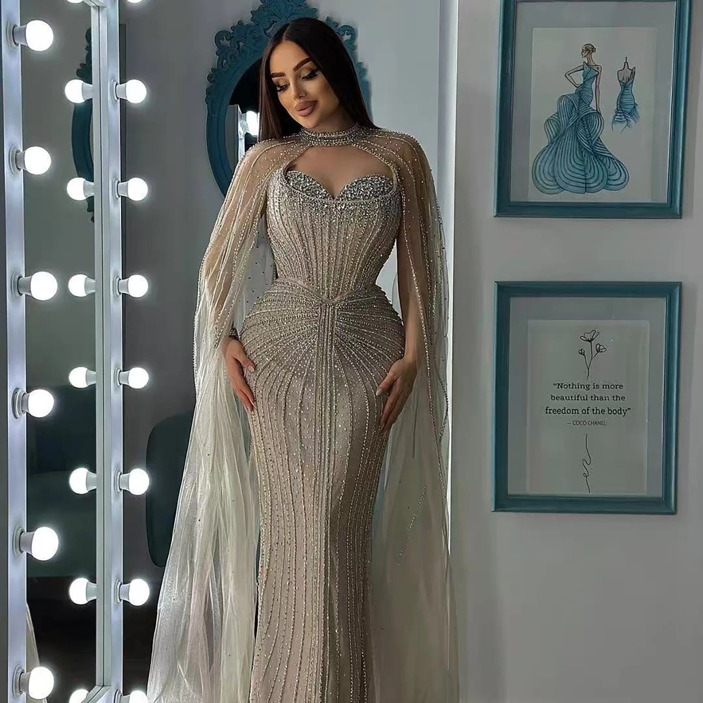 Luxury Dubai Caramel Beaded Evening Dress With Cape LA72811C – SERENE HILL