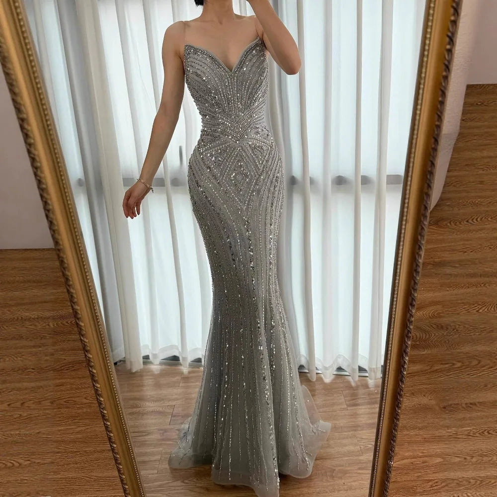 Luxury Nude V Neck Beaded Mermaid Evening Dress Sleeveless LA72981 - SERENE HILL