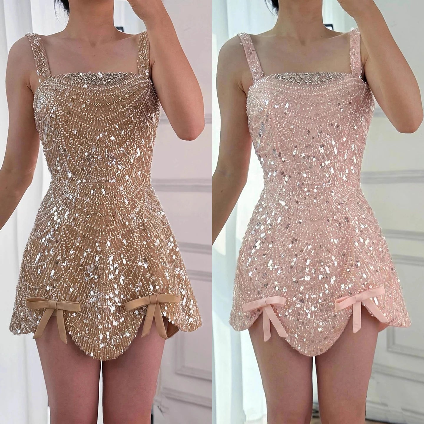 Luxury Nude Pearl Beaded A-Line Mini Evening Dress LA73211 - SERENE HILL
