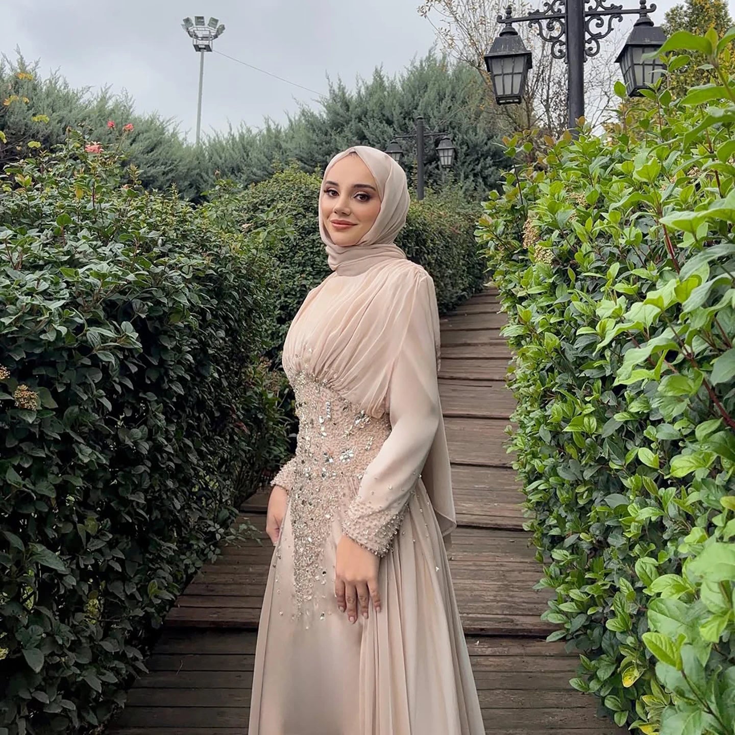Luxury Caramel Crystal Beaded Mermaid Muslim Evening Dress LA73427 - SERENE HILL