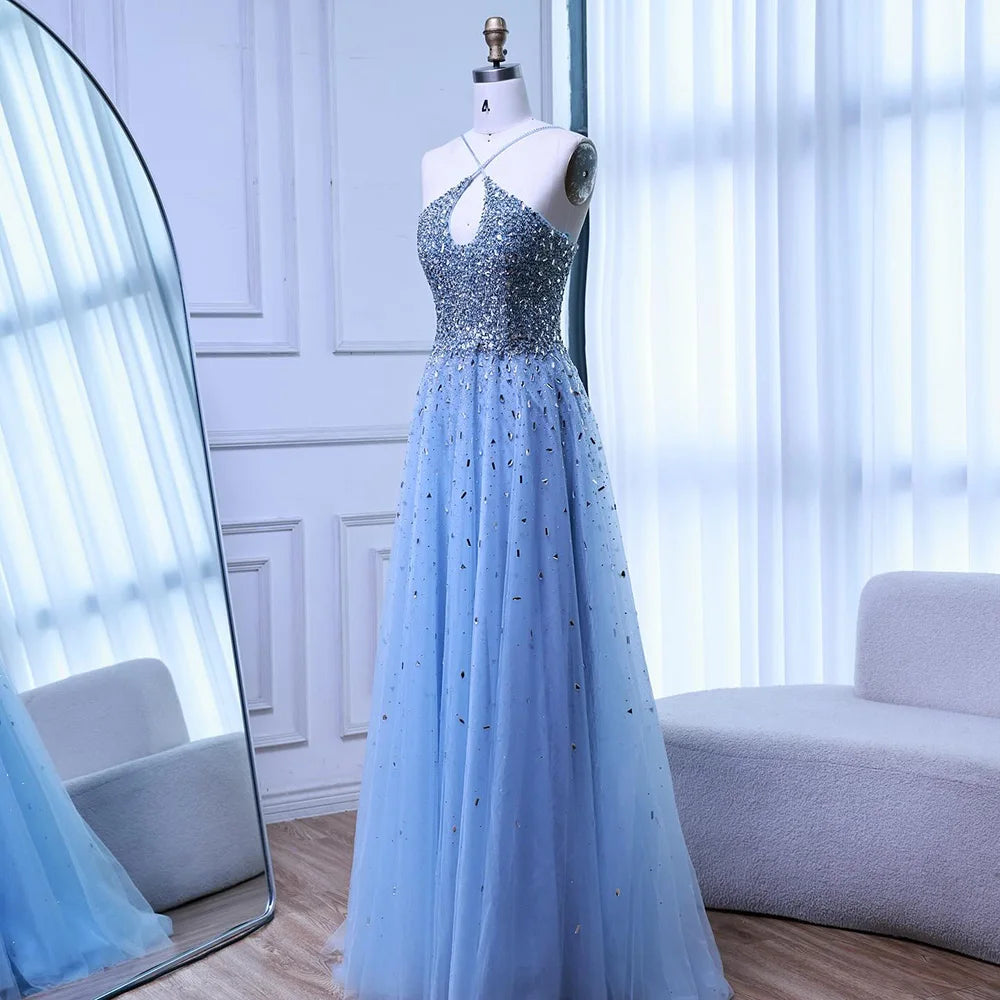Caramel Halter Beaded Tulle A-Line Evening Gown Dubai Saudi LA72863 - SERENE HILL