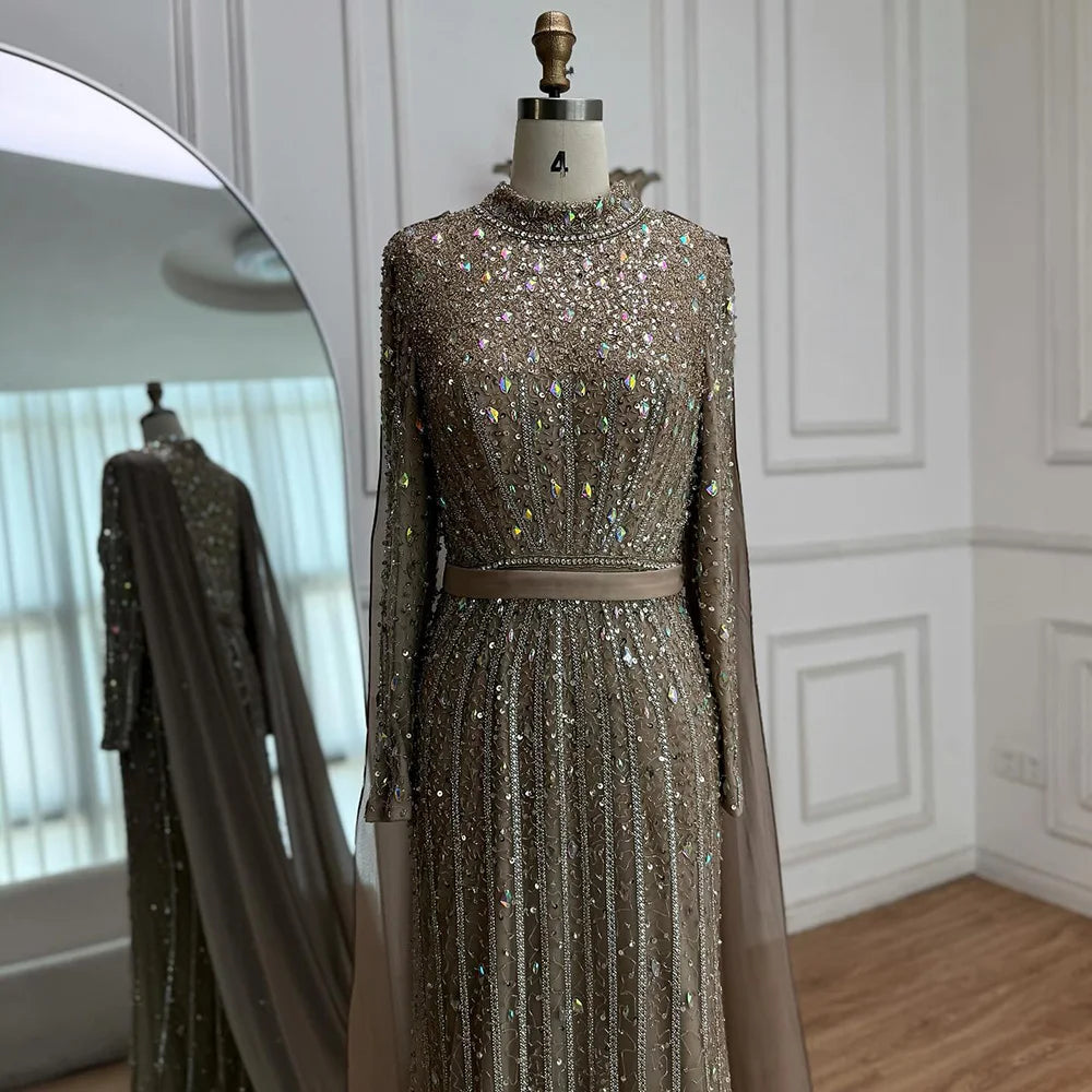 Modest Luxury Caramel Beaded Long Sleeve Evening Dress LA72569A - SERENE HILL