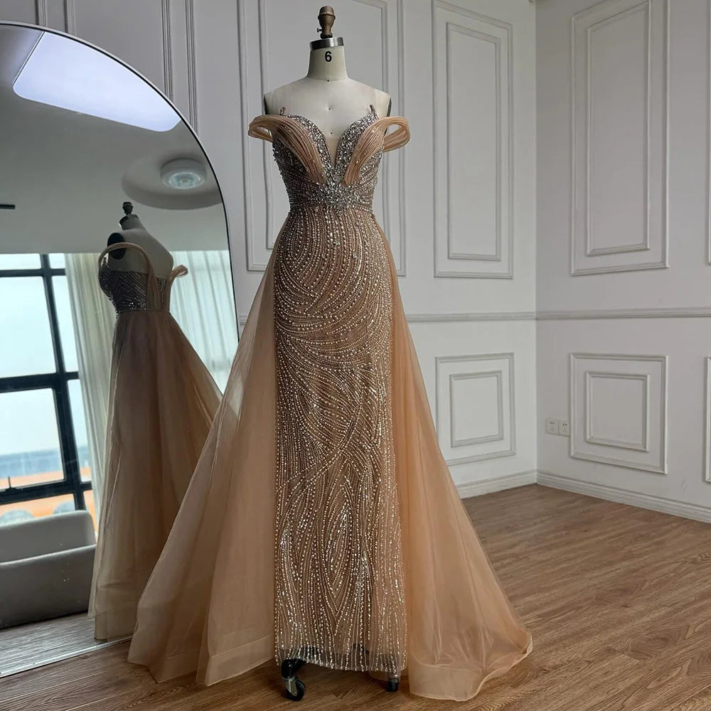 Luxury Nude Mermaid Off Shoulder Beaded Evening Dress with Overskirt LA73131 - SERENE HILL