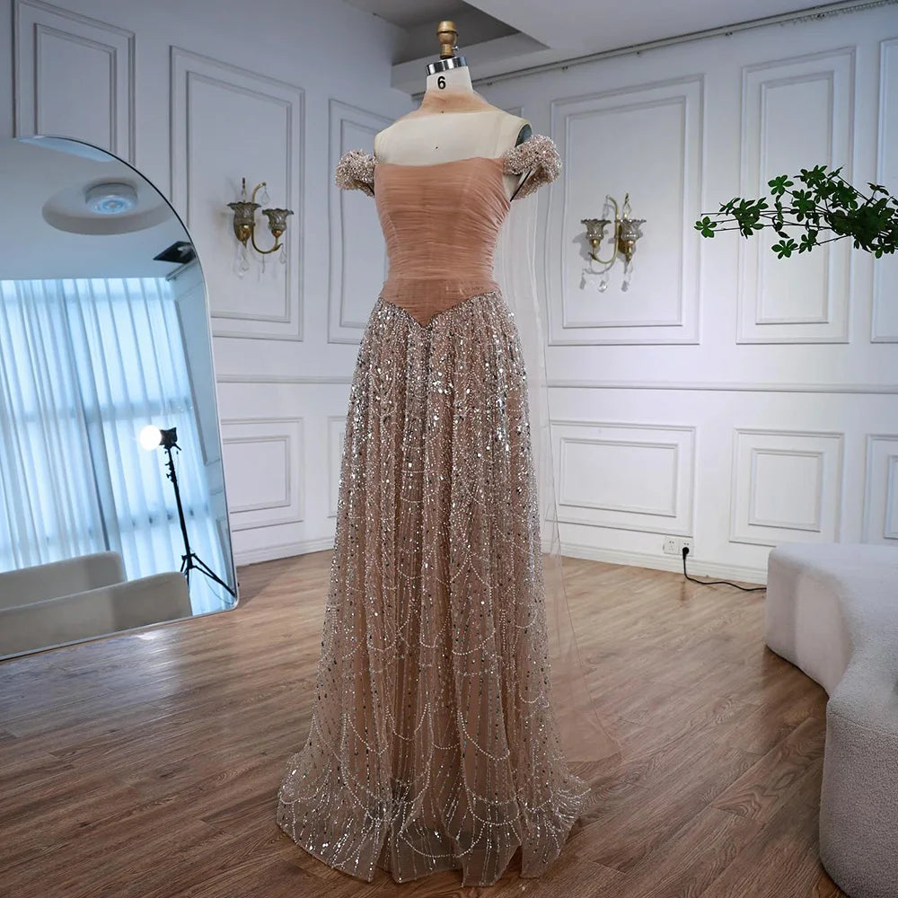 Luxury Arabic Pink Pearls Beaded Evening Dress With Cape LA72922 - SERENE HILL