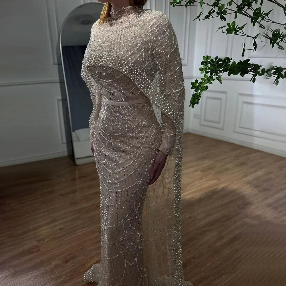 Muslim Long Cape Dubai Crystal Beaded Evening Gown LA72032M - SERENE HILL