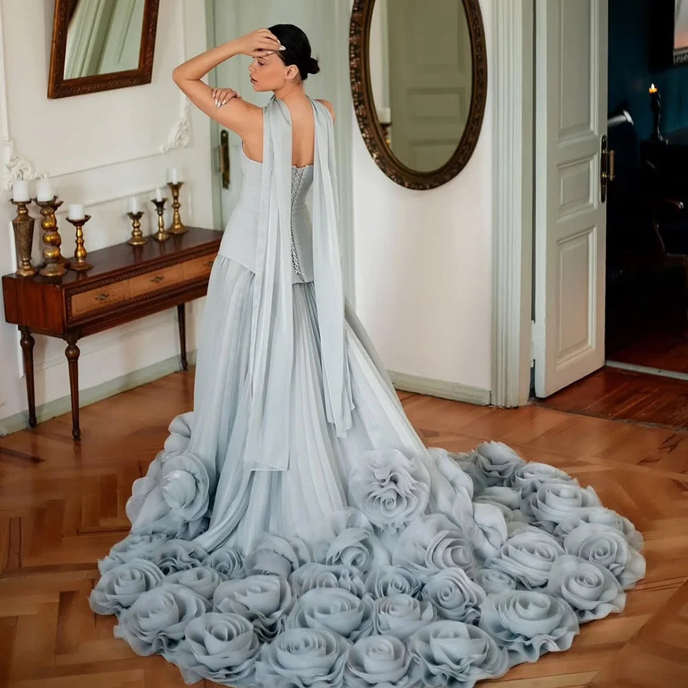 Elegant Sage Green 3D Flowers A Line Evening Dresses Gowns LA72913 - SERENE HILL