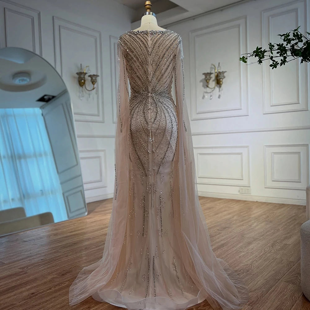 Luxury Designer Beige Beaded Evening Dress with Cape Sleeves LA72992 - SERENE HILL