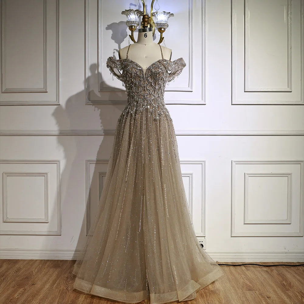 Luxury Arabic Caramel Off Shoulder Beaded A Line Evening Dress LA71606 - SERENE HILL