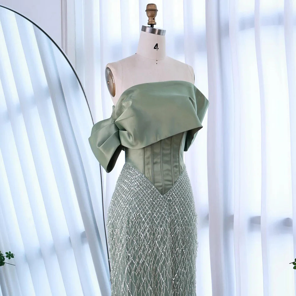 Sage Green Off Shoulder Tassel Beaded Mermaid Evening Dress LA73037 - SERENE HILL