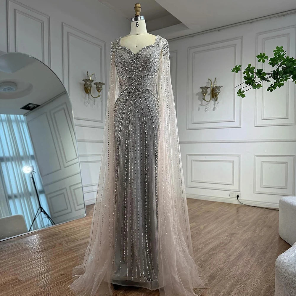 Luxury Arabic Nude Beaded Evening Dress with Cape Sleeves LA73181 - SERENE HILL