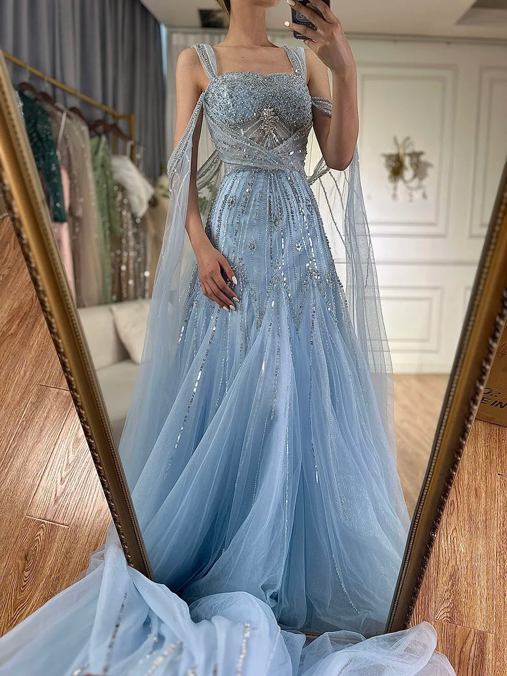 Luxury Dubai pink Beaded Spaghetti Strap Design A-Line Evening Dresses Gowns with Cape Sleeves for Formal Occasion LA72726 - SERENE HILL