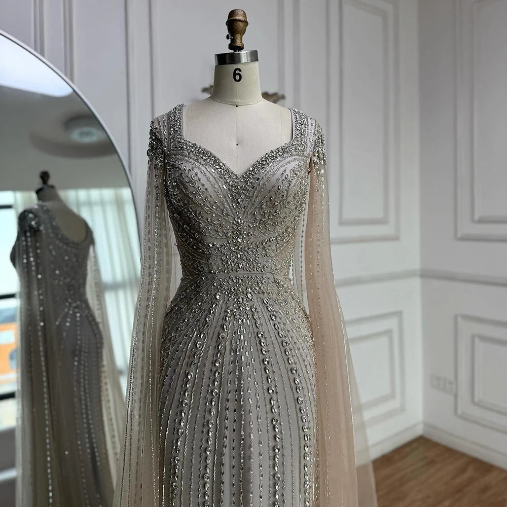 Luxury Arabic Nude Beaded Evening Dress with Cape Sleeves LA73181 - SERENE HILL