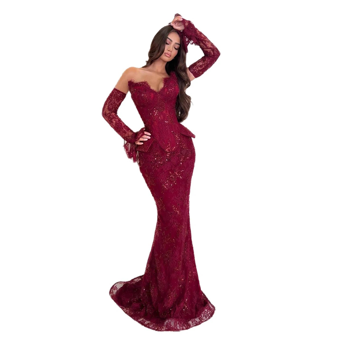Luxury Wine Red Lace Beaded Mermaid Evening Dress LA73341 - SERENE HILL