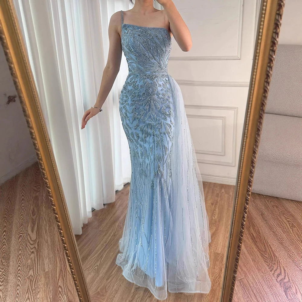 Luxury Blue One Shoulder Beaded Mermaid Evening Gown with Overskirt LA71730 - SERENE HILL