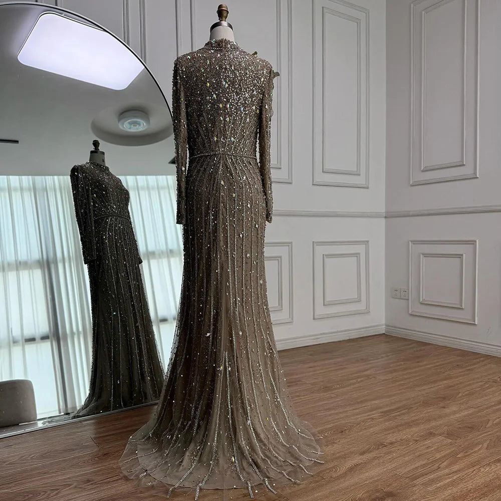 Modest Luxury Caramel Beaded Long Sleeve Evening Dress LA72569A - SERENE HILL
