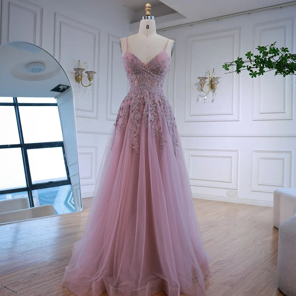 Luxury Pink Tulle A Line Prom Dress with Appliques LA73009 - SERENE HILL