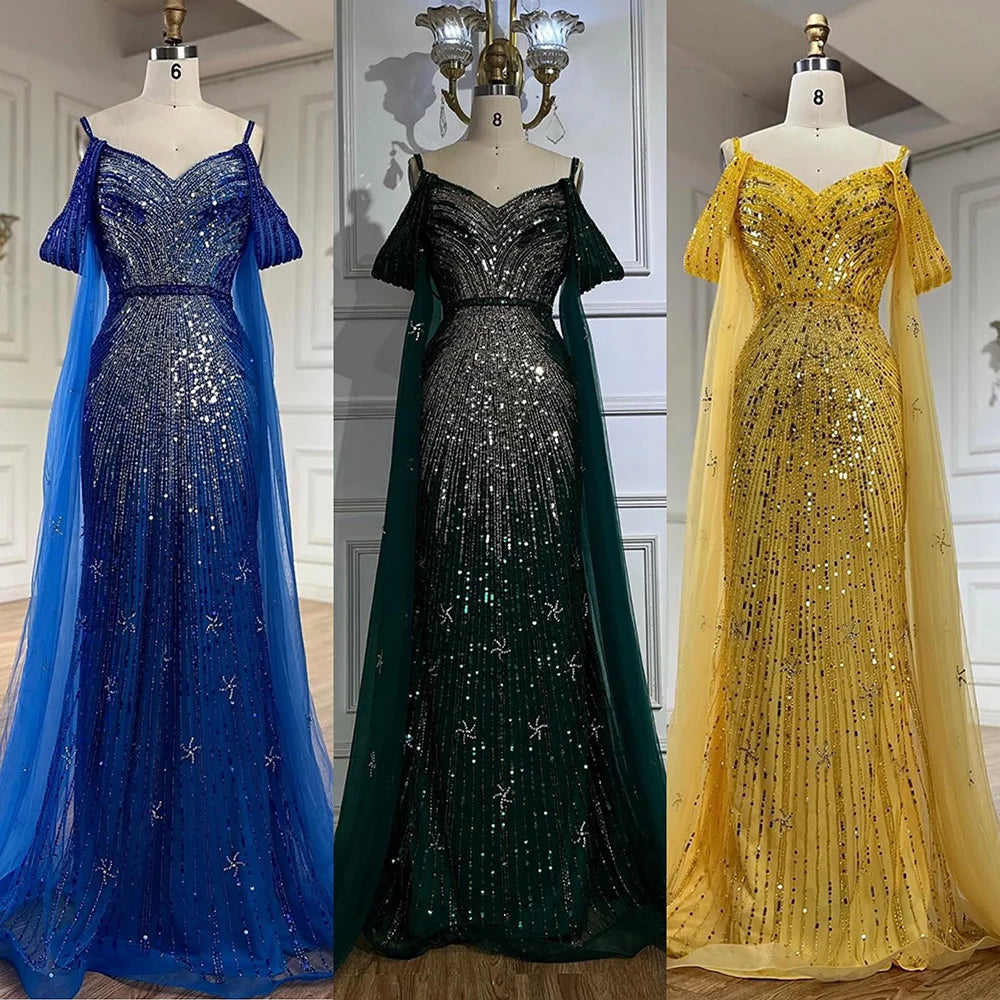 Serene Hill Spaghetti Strap Blue Mermaid Beaded Luxury Evening Dress with Cape Sleeves for Formal Occasion Saudi LA72707 - SERENE HILL