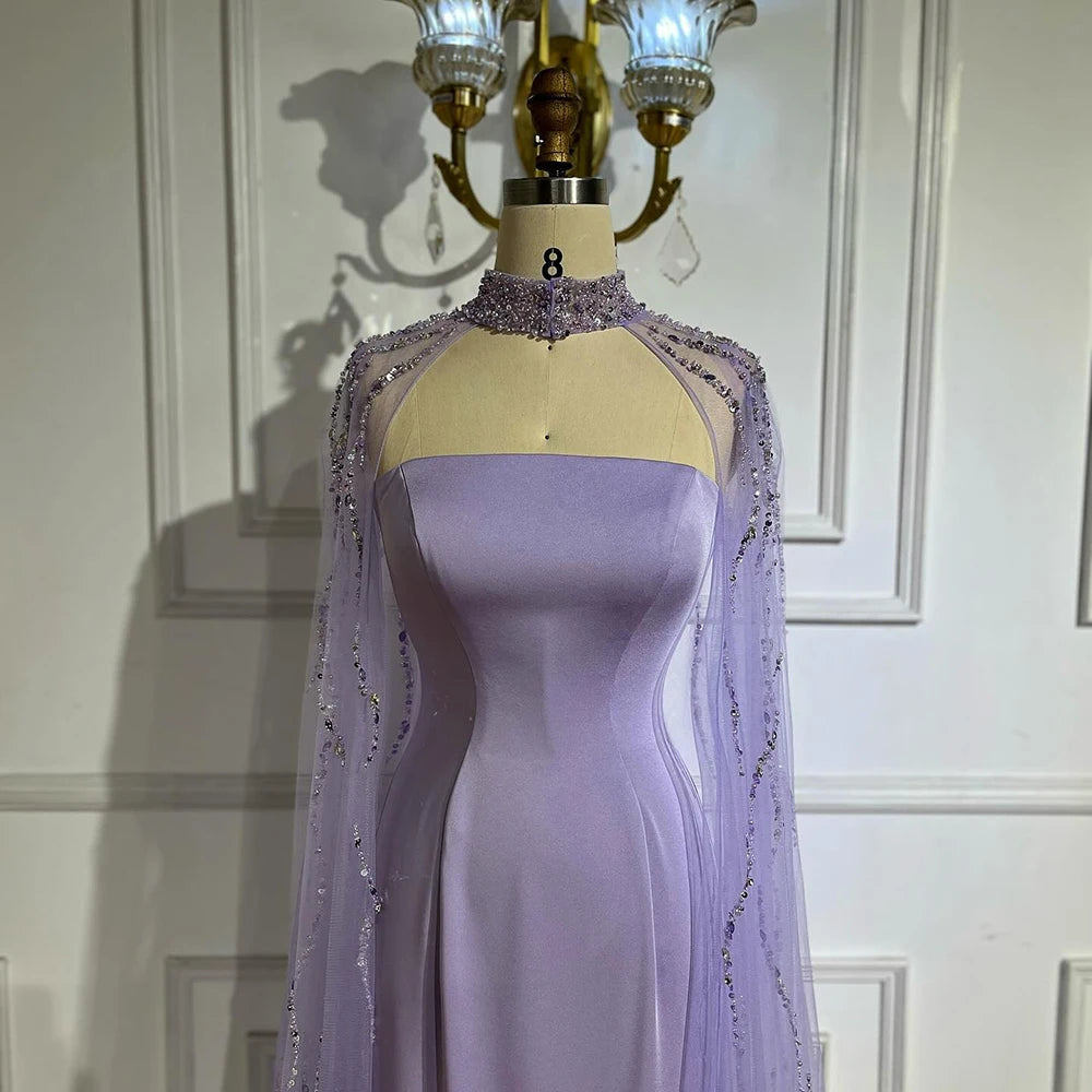 Lilac Elegant Evening Dresses with Luxury Beaded Long Cape Gown for Party LA72828 - SERENE HILL