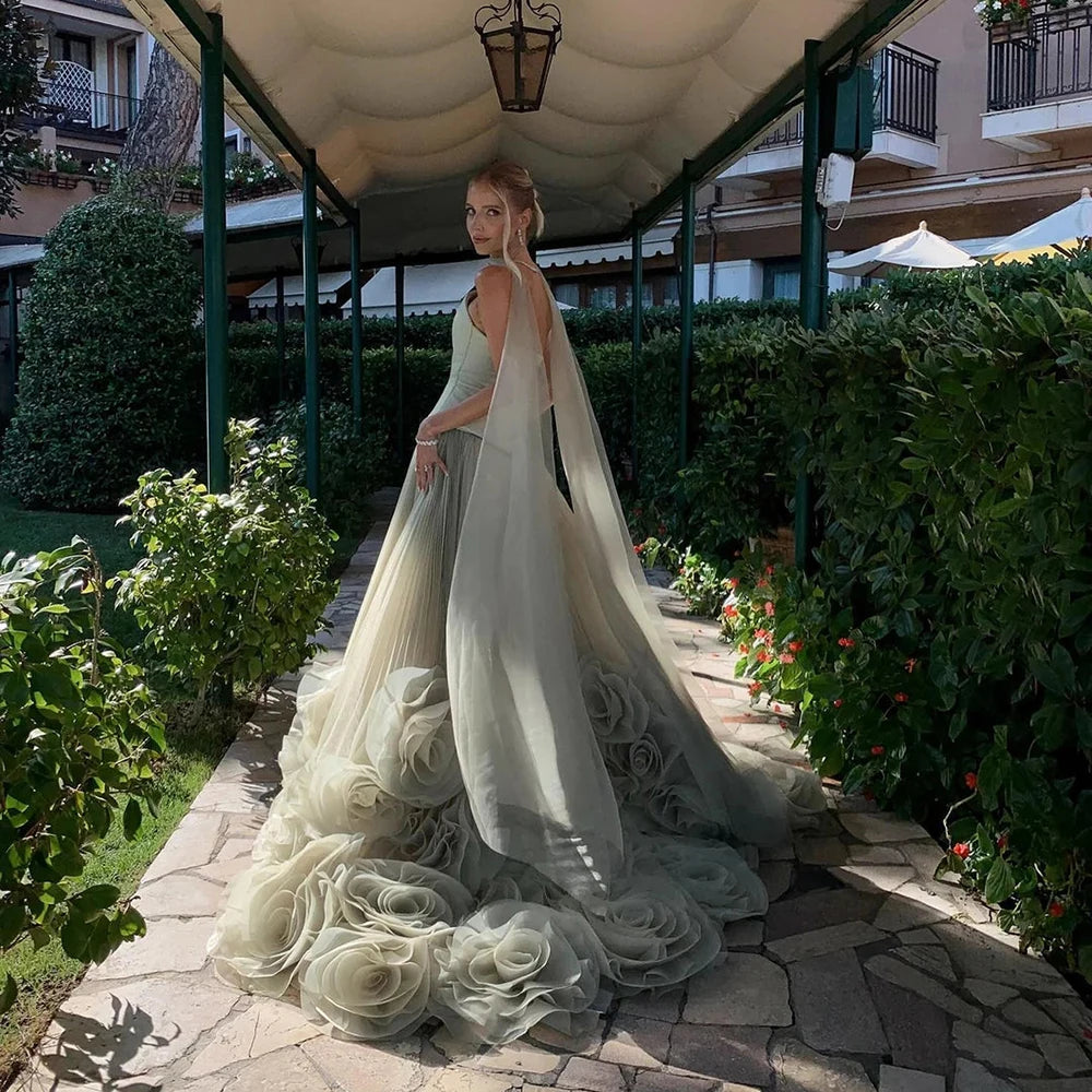 Elegant Sage Green 3D Flowers A Line Evening Dresses Gowns LA72913 - SERENE HILL