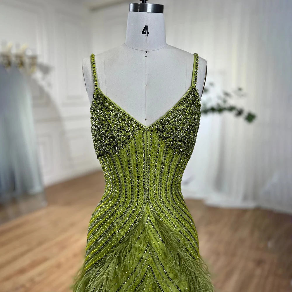 On Sale no return no refund Serene Hill Yellow Green Feathers Mermaid Sundress Evening Gowns Beaded Ankle Length Party Drsses 2025 For Women LA72055 - SERENE HILL