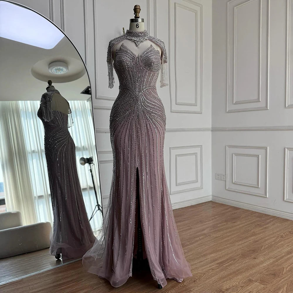 Nude Mermaid Evening Dress with Detachable High Neck Tassel LA72891A - SERENE HILL