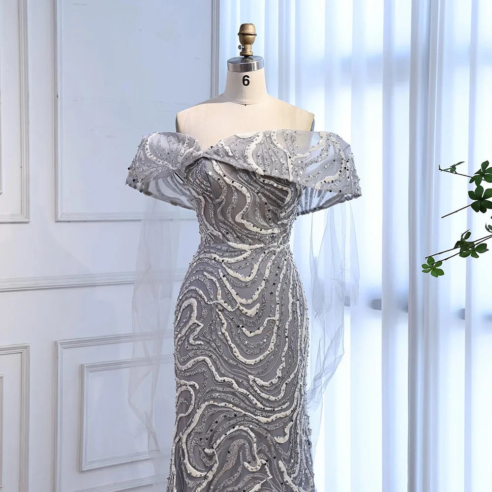 Luxury Gray Sequin Evening Dress with Cape Sleeves LA73125B - SERENE HILL