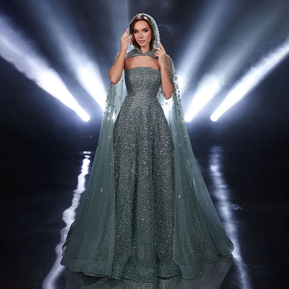 Luxury Dubai Saudi Arabic Turquoise Evening Gown with Beaded Dress and Elegant Hooded Cape for Formal Occasion LA72659A - SERENE HILL