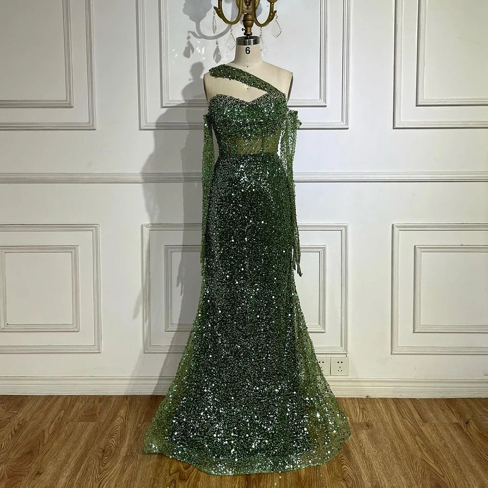 Serene Hill 2025 Arab Nude One Shoulder Mermaid Evening Dress Elegant Luxury Gown with Beaded for Women&