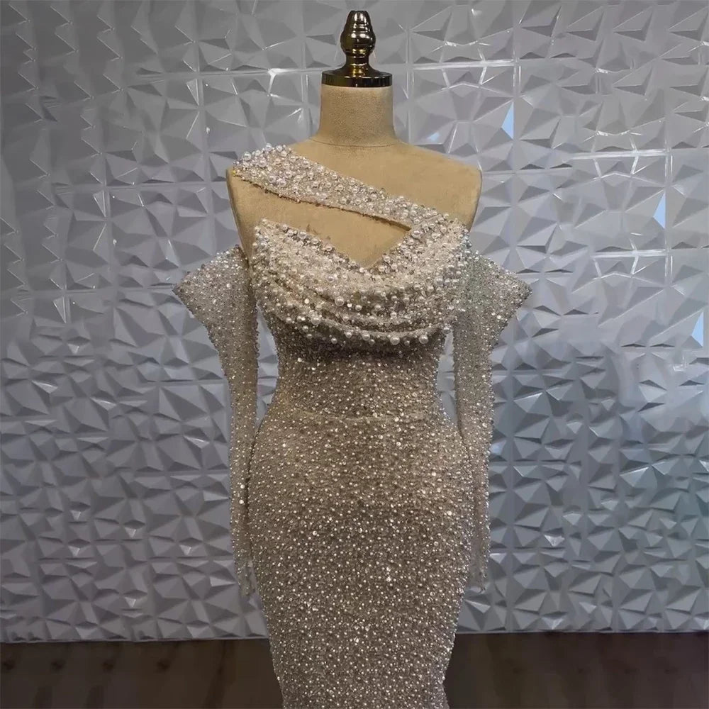 Serene Hill 2025 Arab Nude One Shoulder Mermaid Evening Dress Elegant Luxury Gown with Beaded for Women&