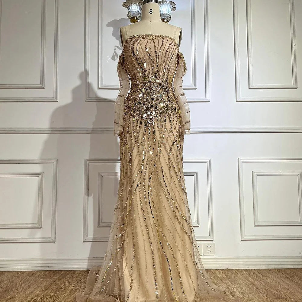 Serene Hill Arabia Gold Mermaid Luxury Beaded Off Shoulder Dubai Evening Dresses Gowns for Women Wedding Party LA72404 - SERENE HILL