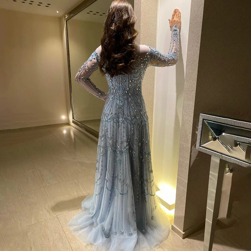 Luxury Dubai Designer Modest A-Line Blue Lace Beaded Evening Dresses LA72704 - SERENE HILL