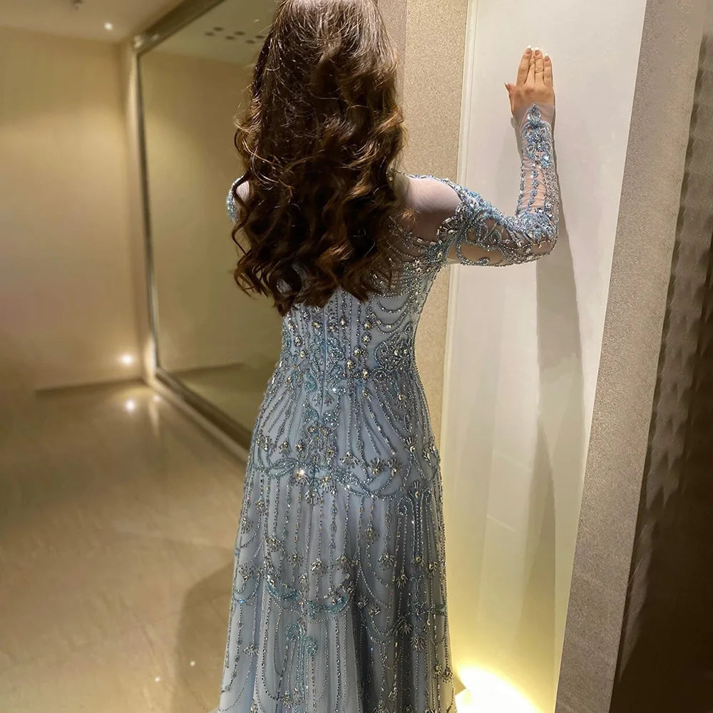 Luxury Dubai Designer Modest A-Line Blue Lace Beaded Evening Dresses LA72704 - SERENE HILL