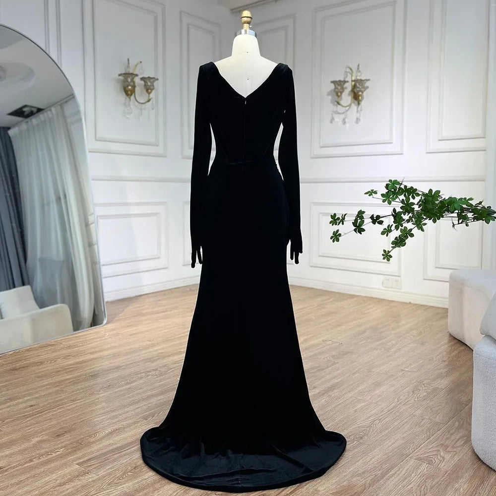 Serene Hill 2025 Arabic Black Velvet With Gloves Mermaid Luxury Dubai Evening Dresses Gowns for Women Wedding Party LA72530 - SERENE HILL
