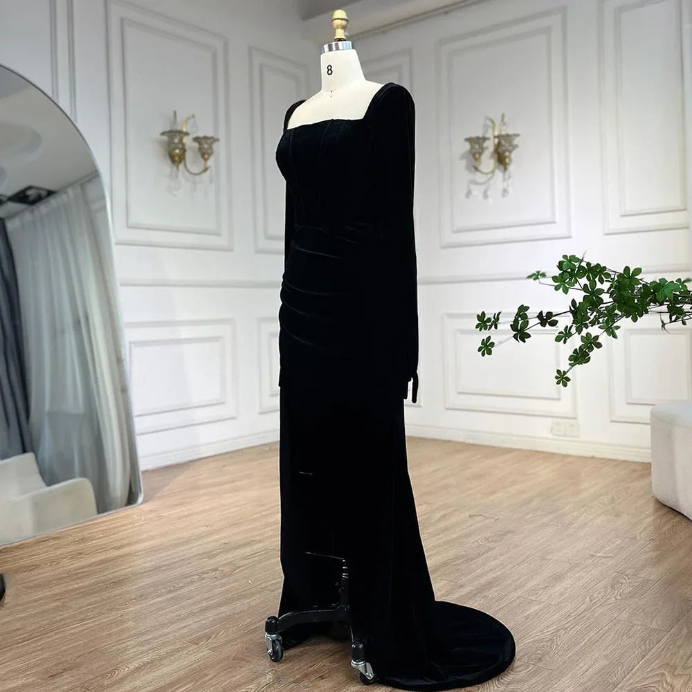 Serene Hill 2025 Arabic Black Velvet With Gloves Mermaid Luxury Dubai Evening Dresses Gowns for Women Wedding Party LA72530 - SERENE HILL