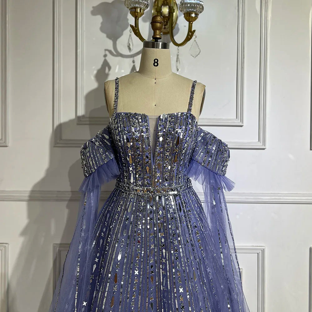 Serene Hill 2025 Arabic Blue A-Line Elegant Beaded Luxury Evening Gowns for Women with Detachable Cape Sleeves Party LA72638 - SERENE HILL