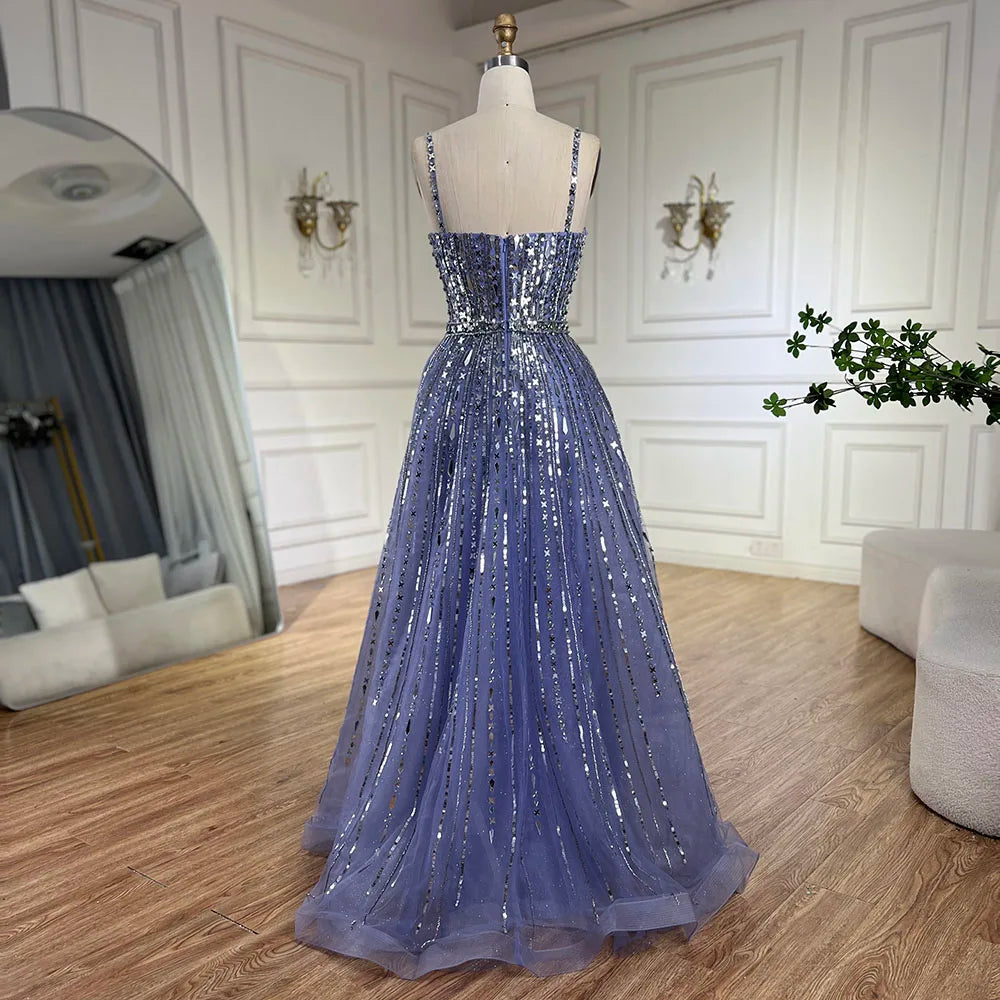 Serene Hill 2025 Arabic Blue A-Line Elegant Beaded Luxury Evening Gowns for Women with Detachable Cape Sleeves Party LA72638 - SERENE HILL