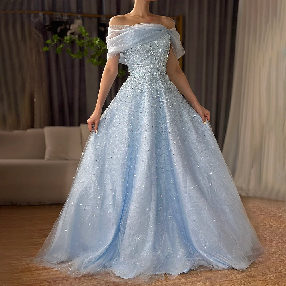 Luxury Dubai Arabic Blue Off Shoulder Beaded A Line Evening Dress LA72009A - SERENE HILL