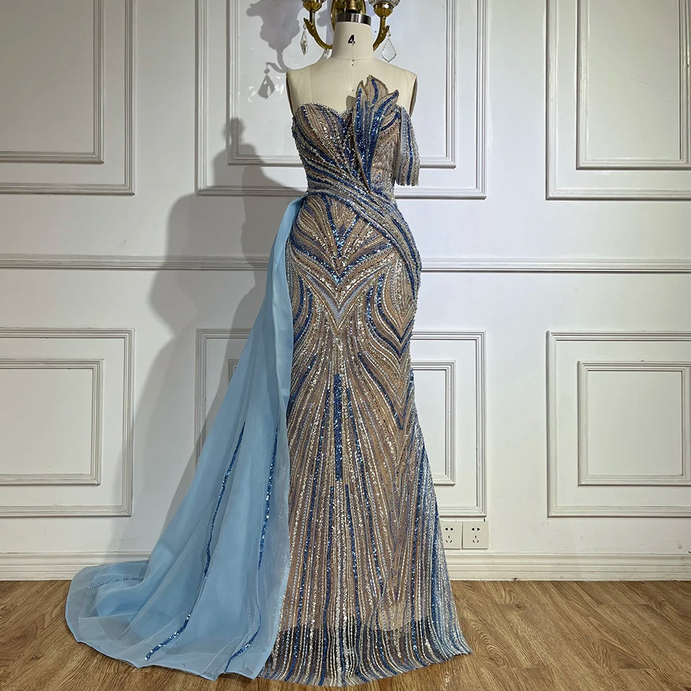 Luxury Dubai Arabic Blue One Shoulder Luxury Dubai Evening Gown with Side Overskirt Beaded Dress for Women&