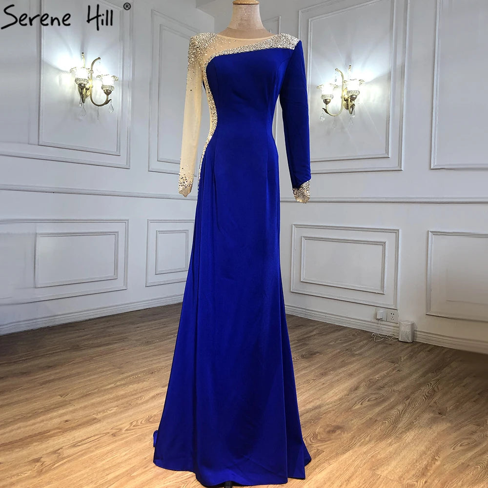 Serene Hill 2025 Arabic Blue Satin Mermaid White Evening Gowns Elegant Beaded for Women Wedding Party LA71152 - SERENE HILL