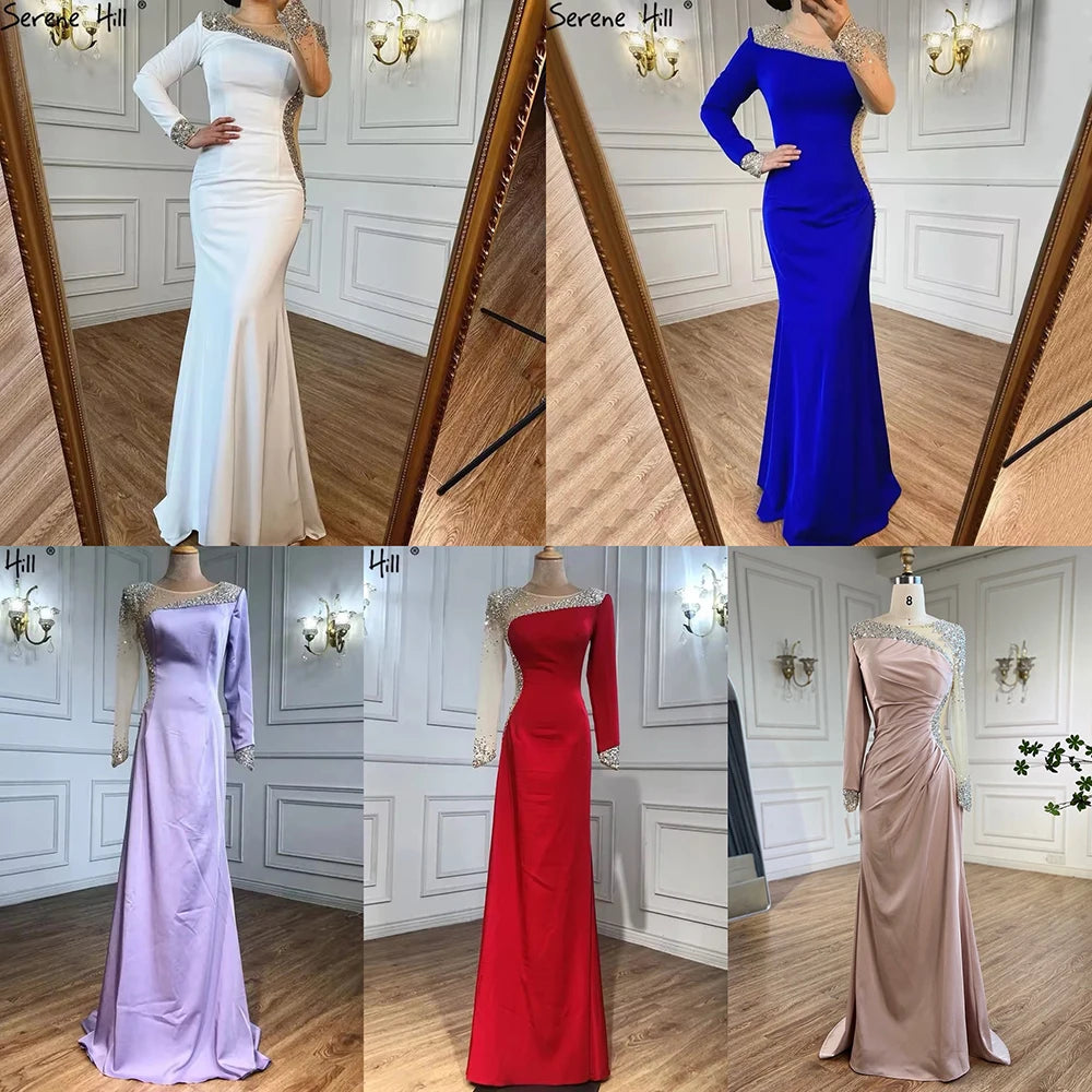 Serene Hill 2025 Arabic Blue Satin Mermaid White Evening Gowns Elegant Beaded for Women Wedding Party LA71152 - SERENE HILL