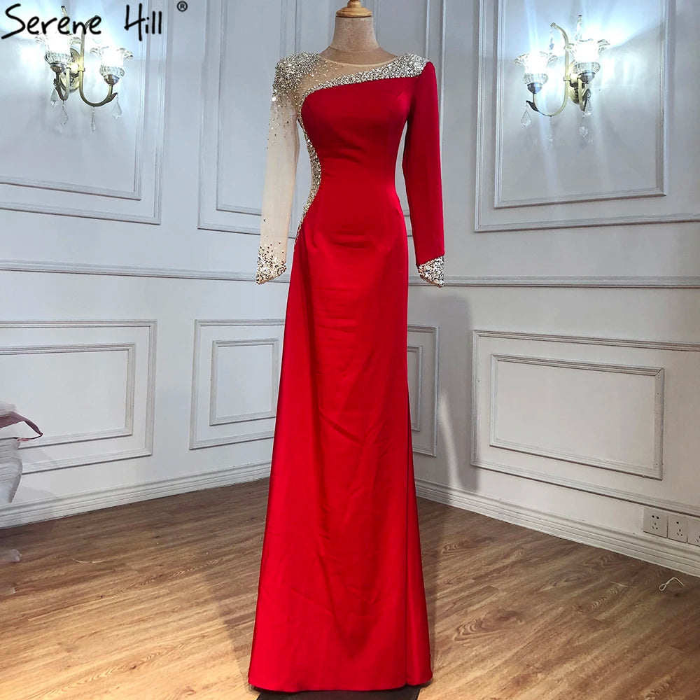 Serene Hill 2025 Arabic Blue Satin Mermaid White Evening Gowns Elegant Beaded for Women Wedding Party LA71152 - SERENE HILL