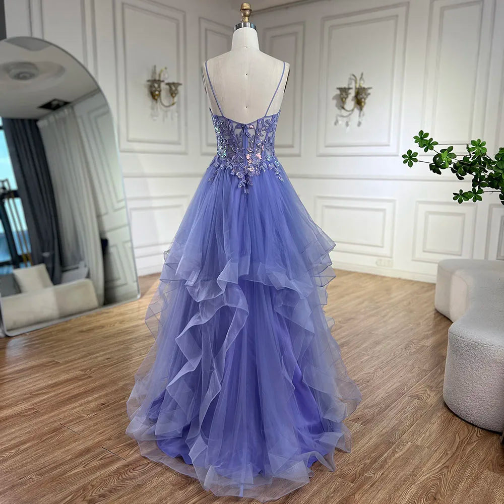 Serene Hill 2025 Arabic Blue Spaghetti Strap A-Line Tiered Lace Appliques Luxury Evening Dress for Women&