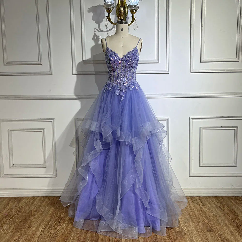 Serene Hill 2025 Arabic Blue Spaghetti Strap A-Line Tiered Lace Appliques Luxury Evening Dress for Women&