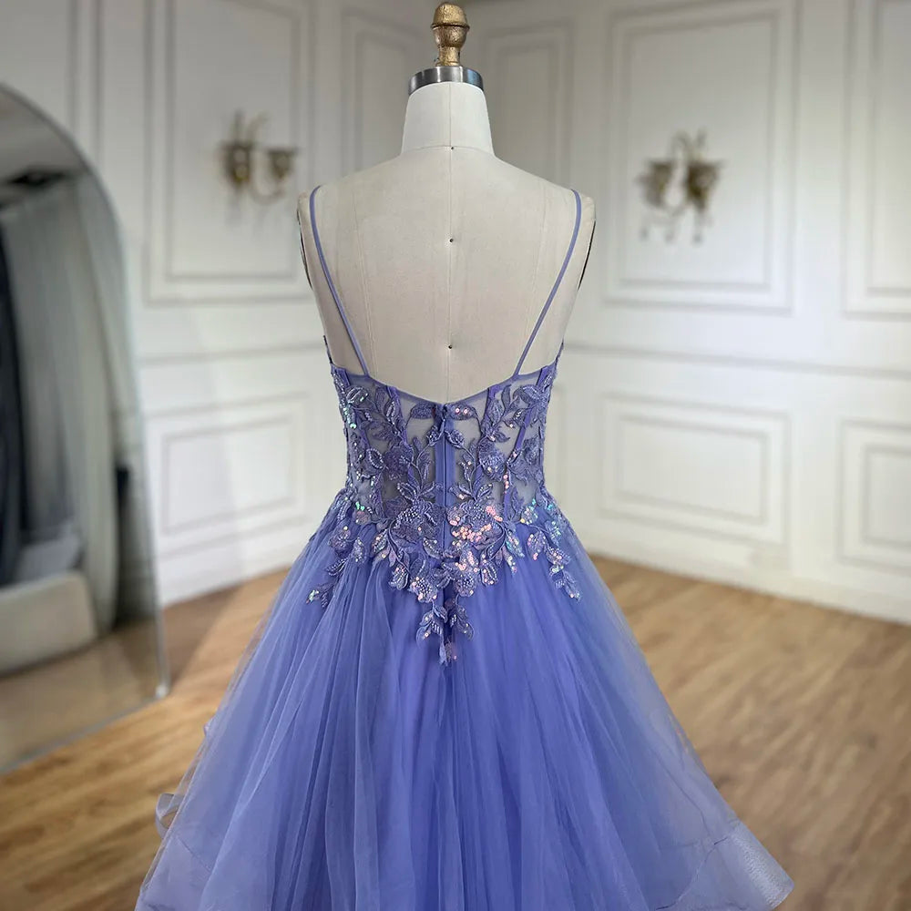 Serene Hill 2025 Arabic Blue Spaghetti Strap A-Line Tiered Lace Appliques Luxury Evening Dress for Women&