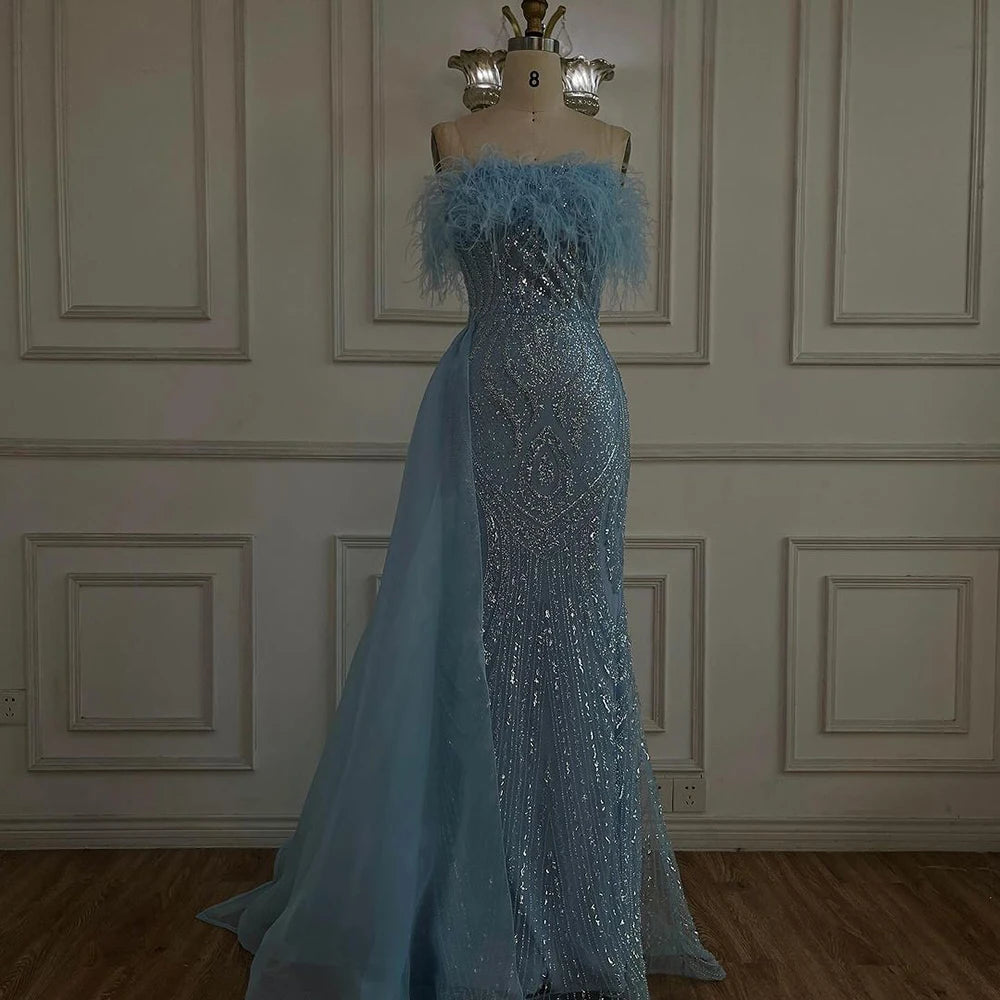 Serene Hill 2025 Arabic Blue Mermaid Evening Gown with Overskirt Feathers Beaded Dress for Women&