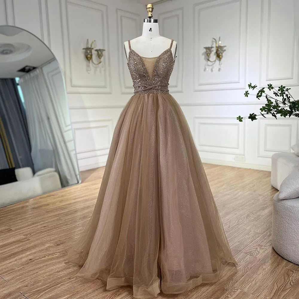 Serene Hill 2025 Arabic Carame A Line Spaghetti Strap Beaded Luxury Dubai Evening Dresses Gowns For Women Wedding Party LA70495 - SERENE HILL