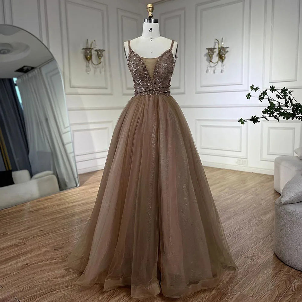 Serene Hill 2025 Arabic Carame A Line Spaghetti Strap Beaded Luxury Dubai Evening Dresses Gowns For Women Wedding Party LA70495 - SERENE HILL