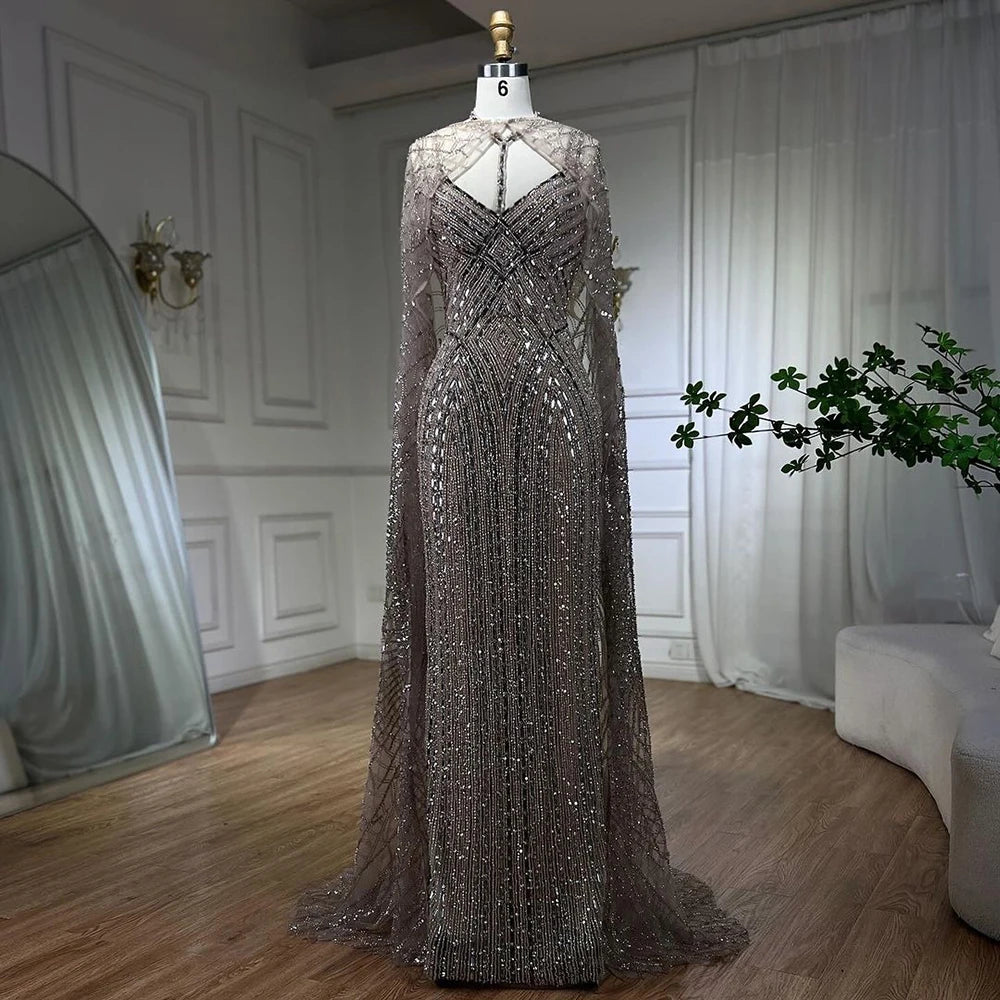 Serene Hill 2025 Arabic Caramel Mermaid Long Cloak Beaded Dubai Luxury Evening Dresses Gowns for Women Wedding Party LA72053B - SERENE HILL