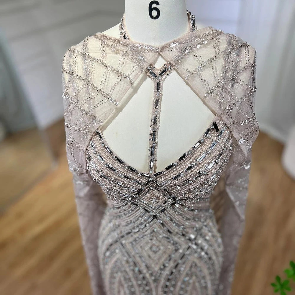 Serene Hill 2025 Arabic Caramel Mermaid Long Cloak Beaded Dubai Luxury Evening Dresses Gowns for Women Wedding Party LA72053B - SERENE HILL